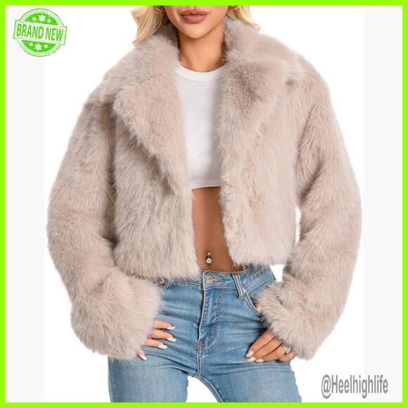 Plus Size Cropped Faux Fur Jacket Fluffy Winter Coat Long Sleeve Outerwear